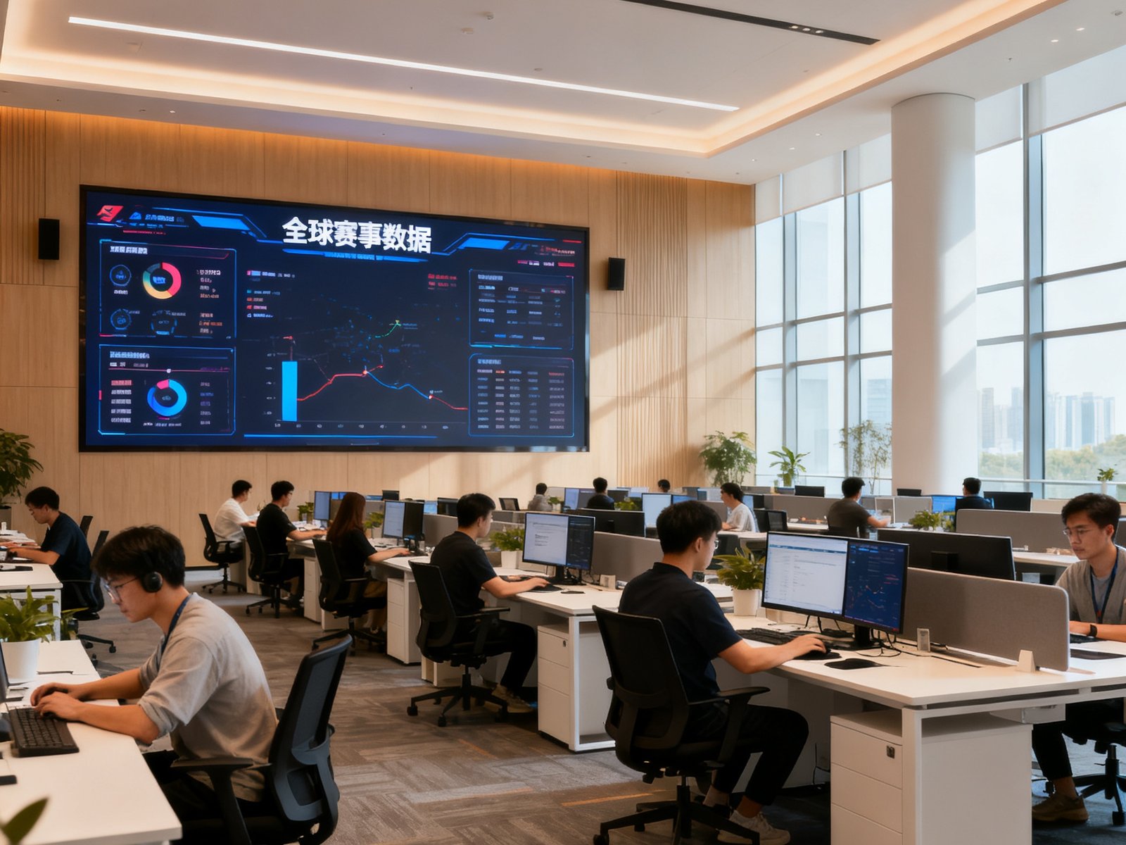 华体会体育网北京总部开放式办公区，宽敞明亮的空间中员工在现代化工位前专注工作，墙面大屏幕实时显示全球赛事数据