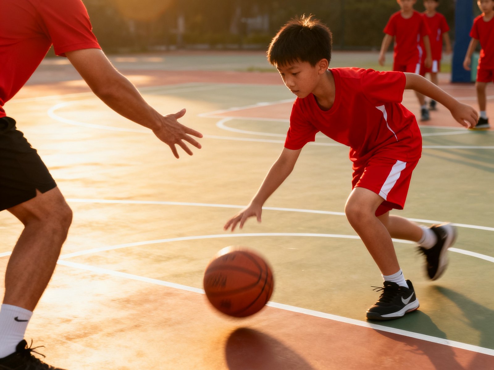 室外标准篮球场上，身着红色训练服的青少年学员在教练指导下练习运球过人技巧，阳光洒在球场上