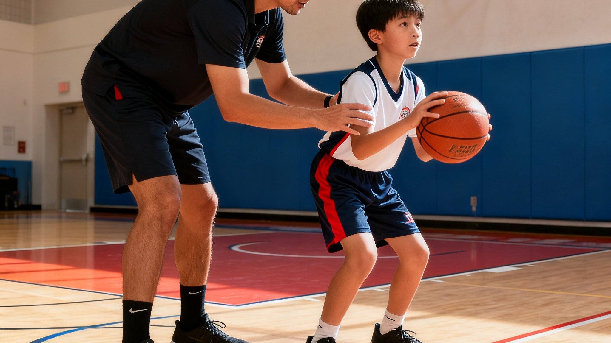 明亮的室内篮球训练馆中，专业教练正在指导青少年学员进行投篮动作纠正，学员身着统一训练服专注练习